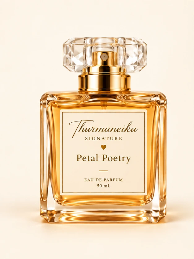 Petal Poetry single 50 mL perfume bottle with a clear cap and gold collar