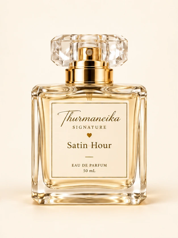 Satin Hour single 50 mL perfume bottle with a clear cap and gold collar